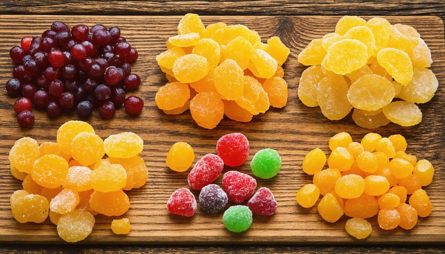 Assorted freeze-dried fruits and candies displayed on a table