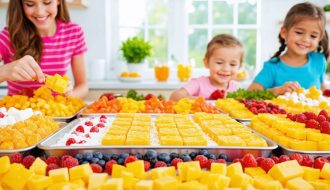 Children joyfully making a variety of colorful freeze-dried candies in a home kitchen, featuring tropical fruits and marshmallows.