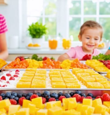 Children joyfully making a variety of colorful freeze-dried candies in a home kitchen, featuring tropical fruits and marshmallows.