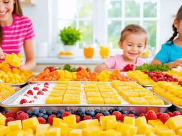 Children joyfully making a variety of colorful freeze-dried candies in a home kitchen, featuring tropical fruits and marshmallows.