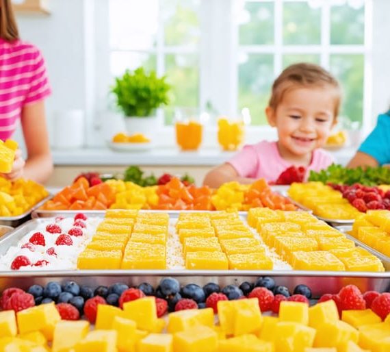 Children joyfully making a variety of colorful freeze-dried candies in a home kitchen, featuring tropical fruits and marshmallows.