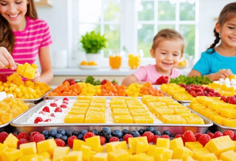 Children joyfully making a variety of colorful freeze-dried candies in a home kitchen, featuring tropical fruits and marshmallows.